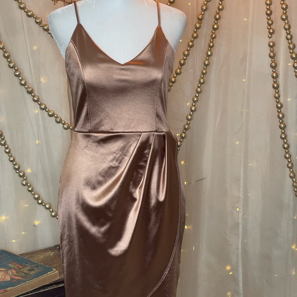 Lulu's Rose Gold Satin Prom Dress - Picture 3 of 5